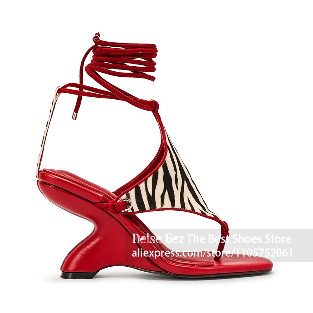 Sandal Strappy Heeled - Zebra Print Lace up Sculptural Heel